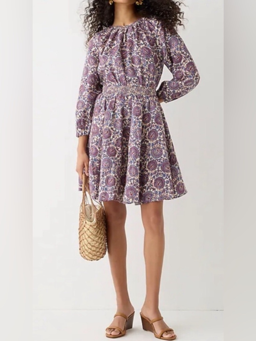 J.Crew Palermo Smocked Waist Mini Dress Floral Bouquet 100% Linen Size Small